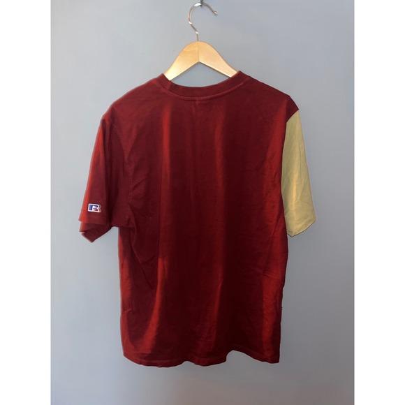 Russell Athletic Color Block T-Shirt Burgundy Green Gold Patch Logo Mens Large - Picture 3 of 5
